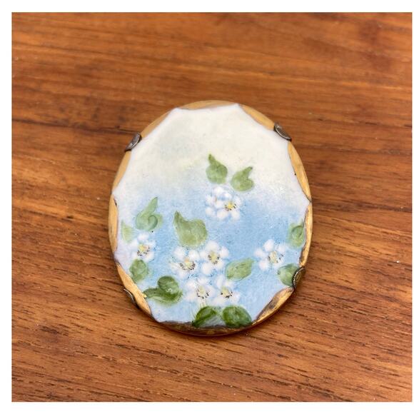 Antique Victorian Porcelain Hand Painted Blue Forget Me Not  Vintage Hand-Painted Blue Porcelain Brooch with Forget-Me-Not Flowers Oval  READ